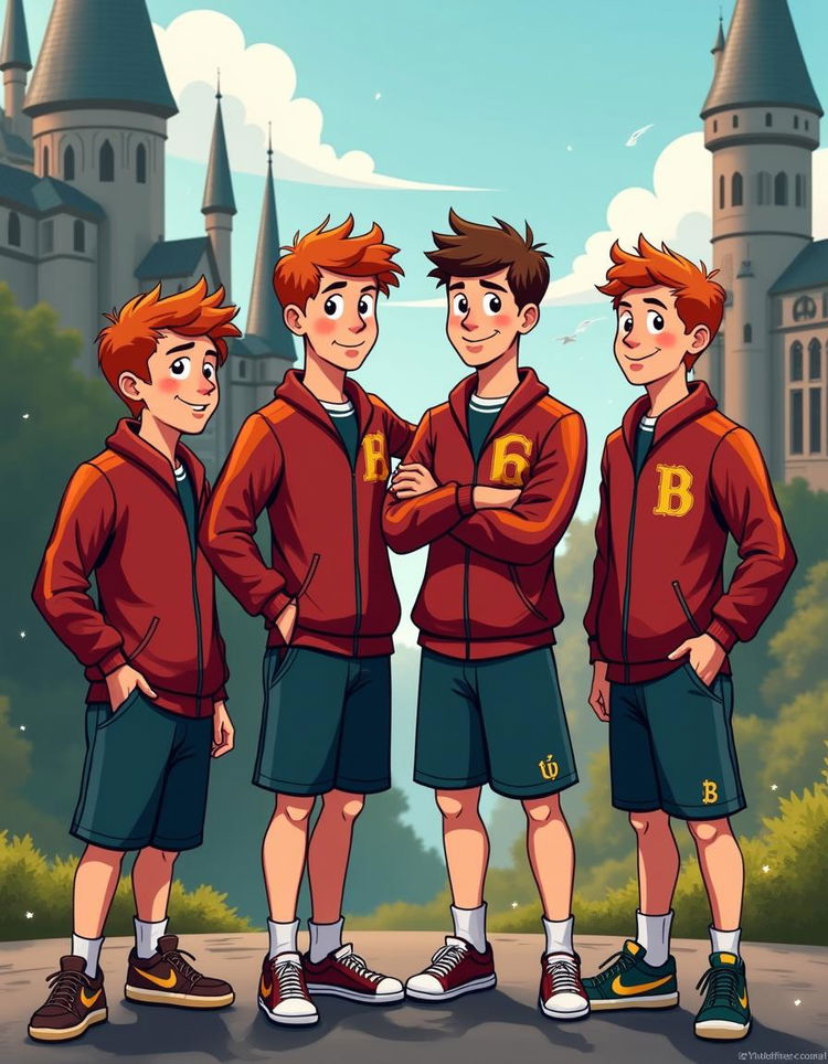 An aesthetic cartoon illustration of the Weasley siblings from Harry Potter, depicted as confident, athletic jocks and alphas, exuding energetic personalities