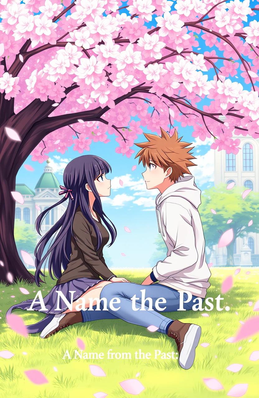 A beautiful anime scene depicting two university students, a girl and a boy, sitting on a grassy campus under a cherry blossom tree