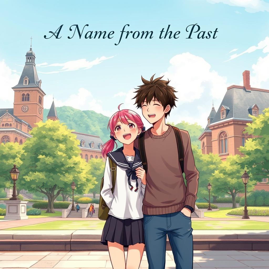 A captivating manhwa-style illustration featuring two university students, a girl and a boy, standing together on a picturesque campus