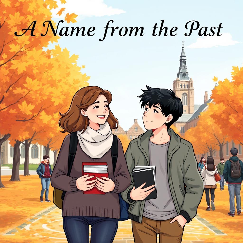 A heartwarming illustration of two university students, a girl and a boy, walking together on a bustling campus filled with vibrant autumn leaves