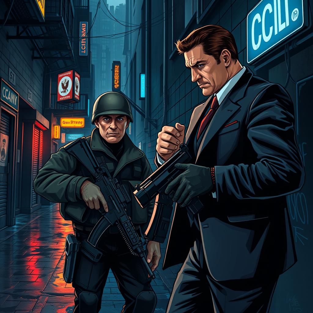A dramatic illustration depicting a Russian mafia soldier facing off against a CIA agent in an intense showdown