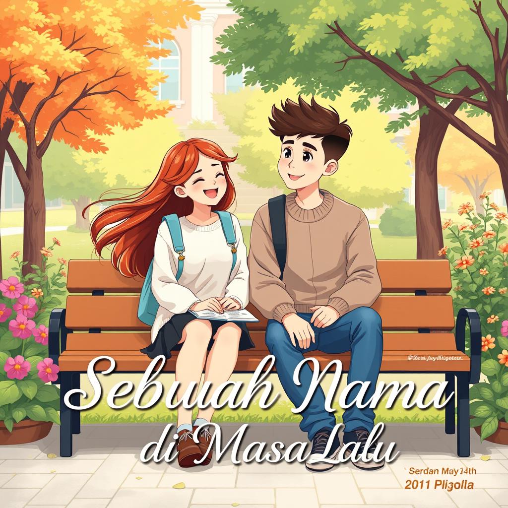 A delightful illustration of two university students, a girl and a boy, enjoying their time together on a charming campus