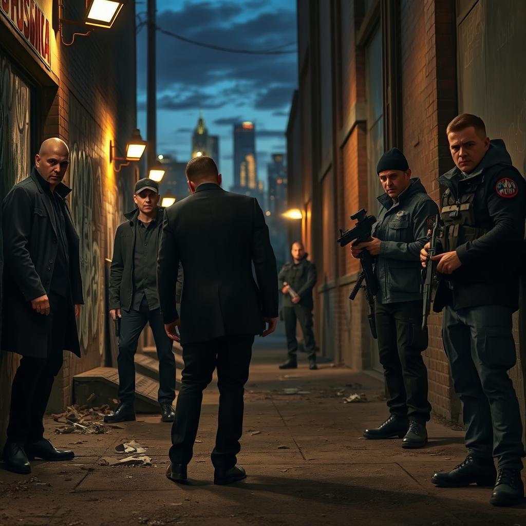 A tense scene depicting the clash between Russian mafia members and CIA operatives in an urban environment, showcasing a gritty and dramatic atmosphere