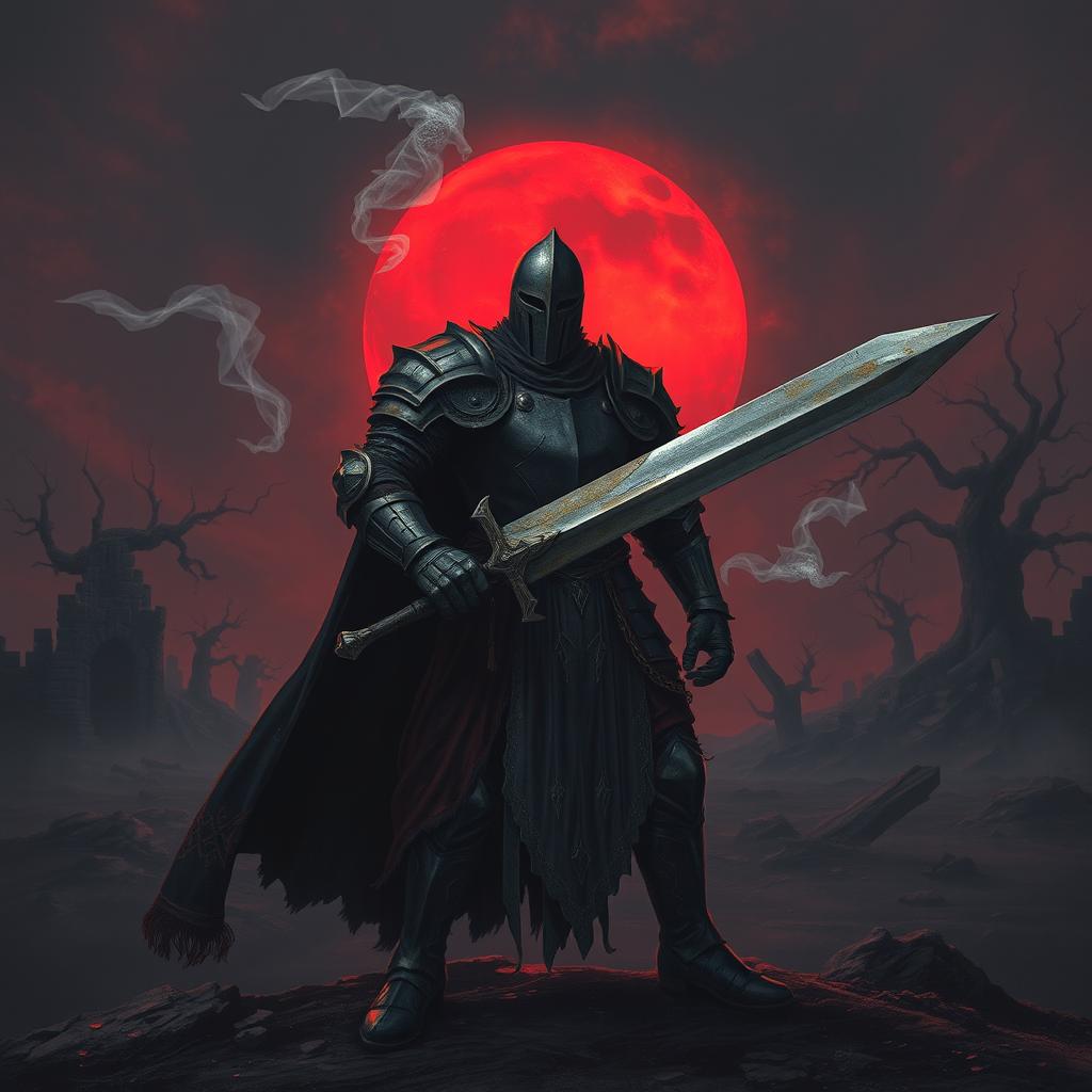 A knight clad in dark, intricately designed armor with a slightly rusted and weathered appearance, standing heroically on a desolate battlefield