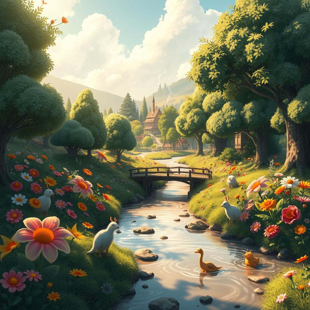A whimsical landscape featuring a vibrant, lush forest filled with oversized flowers and mystical creatures, inspired by the enchanting style of Studio Ghibli