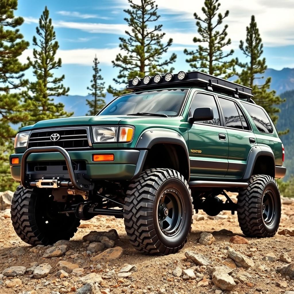 A modified 1990s Toyota 4Runner, 3rd generation, with an impressive 6x6 configuration