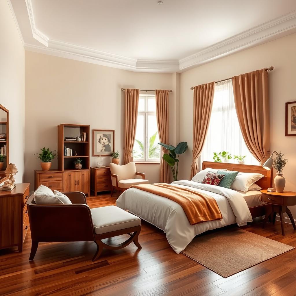 A beautifully designed bedroom measuring 5x5 meters, featuring a cozy bed adorned with soft, colorful bedding