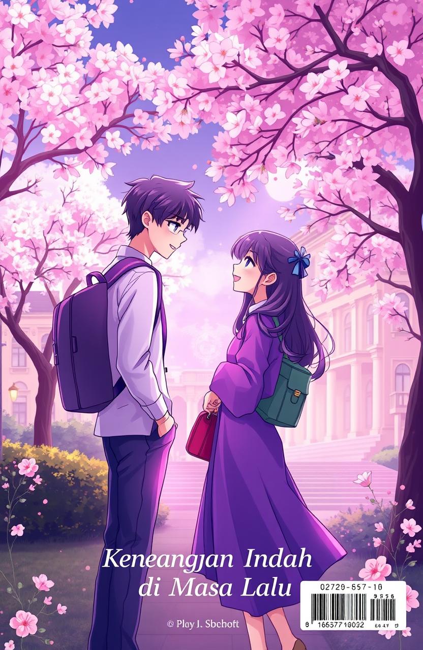 An enchanting anime-style illustration depicting two university students, a male and a female, engaged in a lively discussion on a picturesque campus