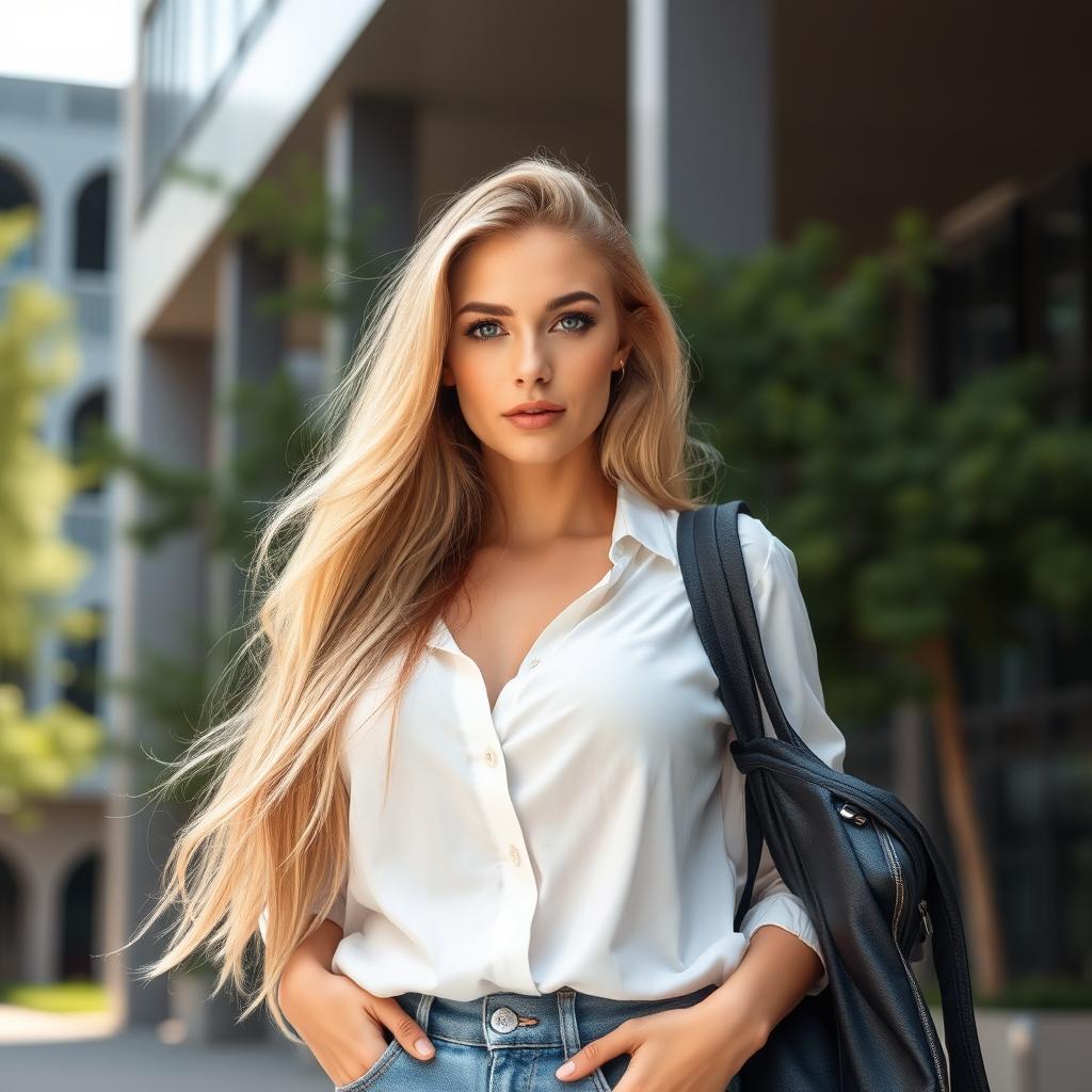 A stunning 20-year-old Russian blonde with a voluptuous figure, embodying a confident and stylish university student