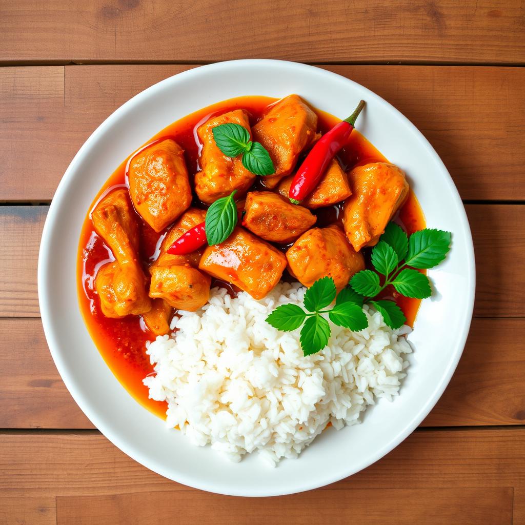 A beautifully arranged plate of Ayam Berlada, also known as Spicy Chicken, featuring tender pieces of chicken marinated in fragrant spices such as lemongrass, garlic, and chili, cooked to perfection with a rich red chili sauce