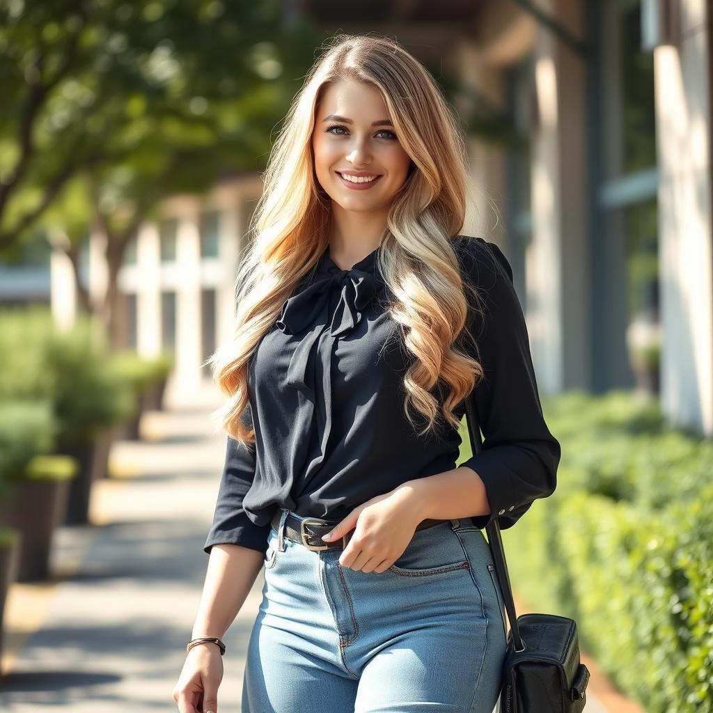 A captivating 20-year-old Russian blonde with a voluptuous figure, portraying a self-assured and fashionable university student