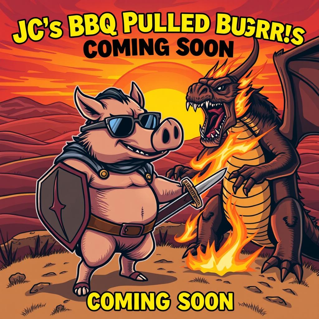 An epic showdown featuring a cool hog wearing sunglasses, standing confidently against a fierce fire-breathing dragon