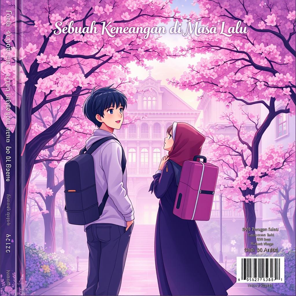 An enchanting anime-style illustration depicting two university students, a male and a female, engaged in a joyful conversation on a beautiful university campus