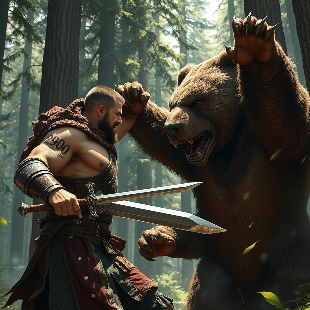 A fierce scene of a medieval warrior engaged in a battle with a towering, angry bear in a dense forest