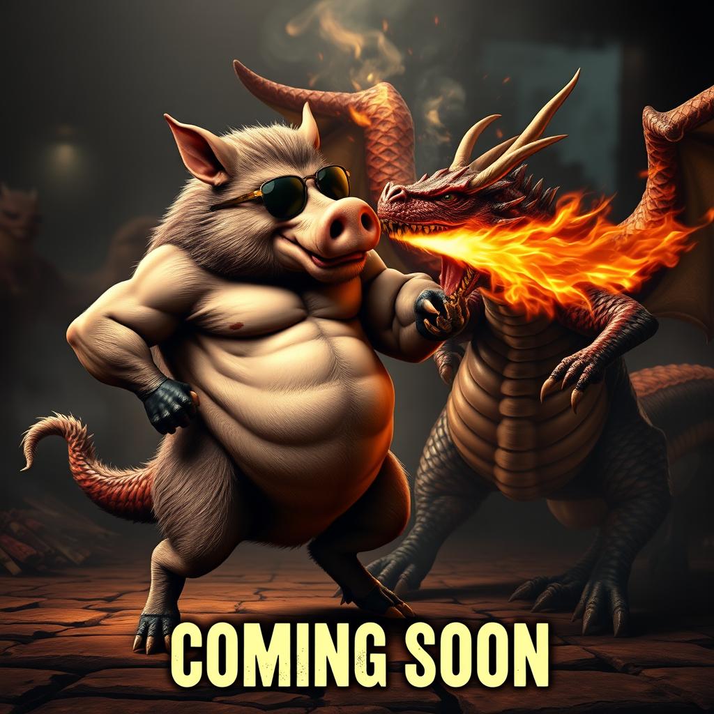 A realistic and detailed scene depicting a muscular hog wearing stylish sunglasses, confidently standing on its hind legs, brawling with a fearsome fire-breathing dragon
