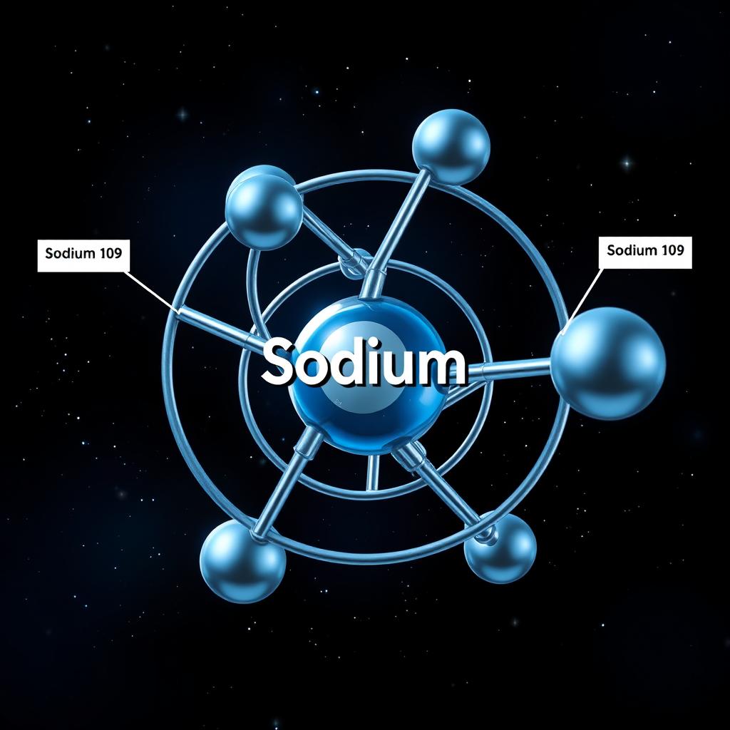 A detailed and visually striking illustration of a sodium molecule, showcasing its atomic structure with a focus on the arrangement of sodium ions in a three-dimensional space