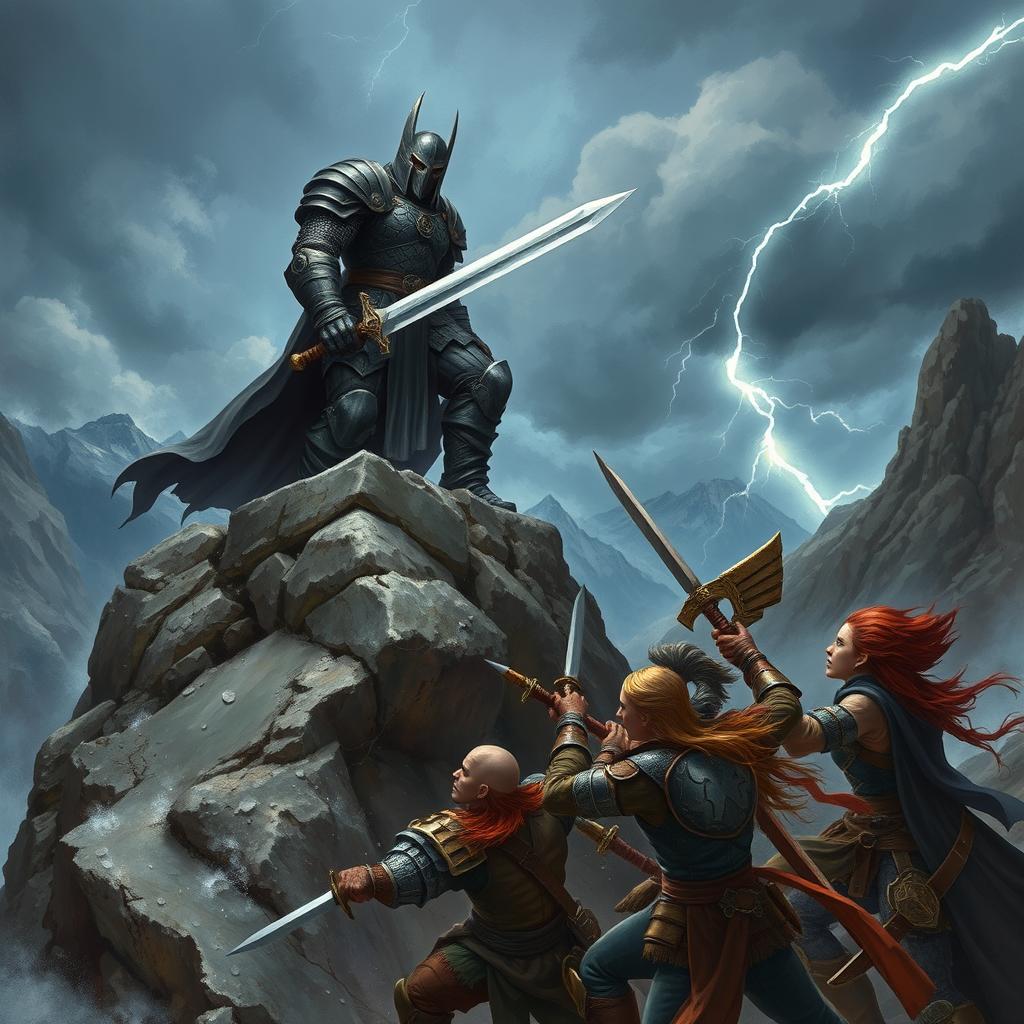 A fantasy battle scene depicting a fierce enemy warrior, clad in dark armor and wielding a menacing sword, standing atop a rocky ledge with stormy skies in the background