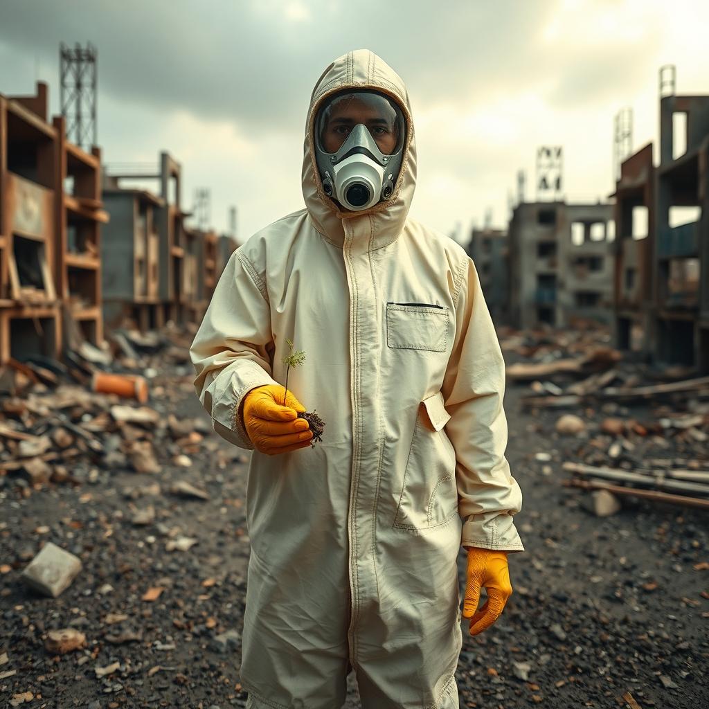 A person in a post-apocalyptic world, wearing a full chemical and gas protection suit, standing in a devastated environment filled with ruined buildings and a desolate landscape