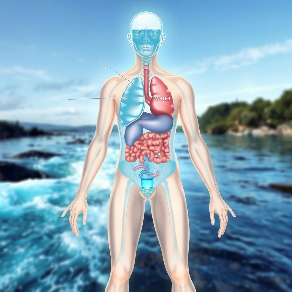 Illustration of the human body with a focus on the water content, showcasing various organs and systems with labels indicating where water is predominantly found