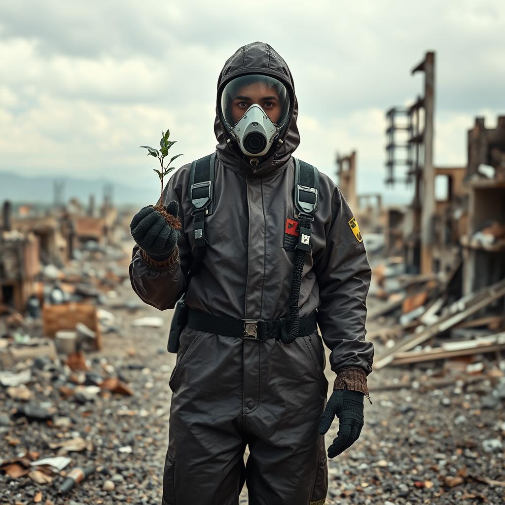 A person in a post-apocalyptic world, wearing a full chemical and gas protection suit, standing amidst a ruined environment filled with destroyed buildings and a desolate landscape