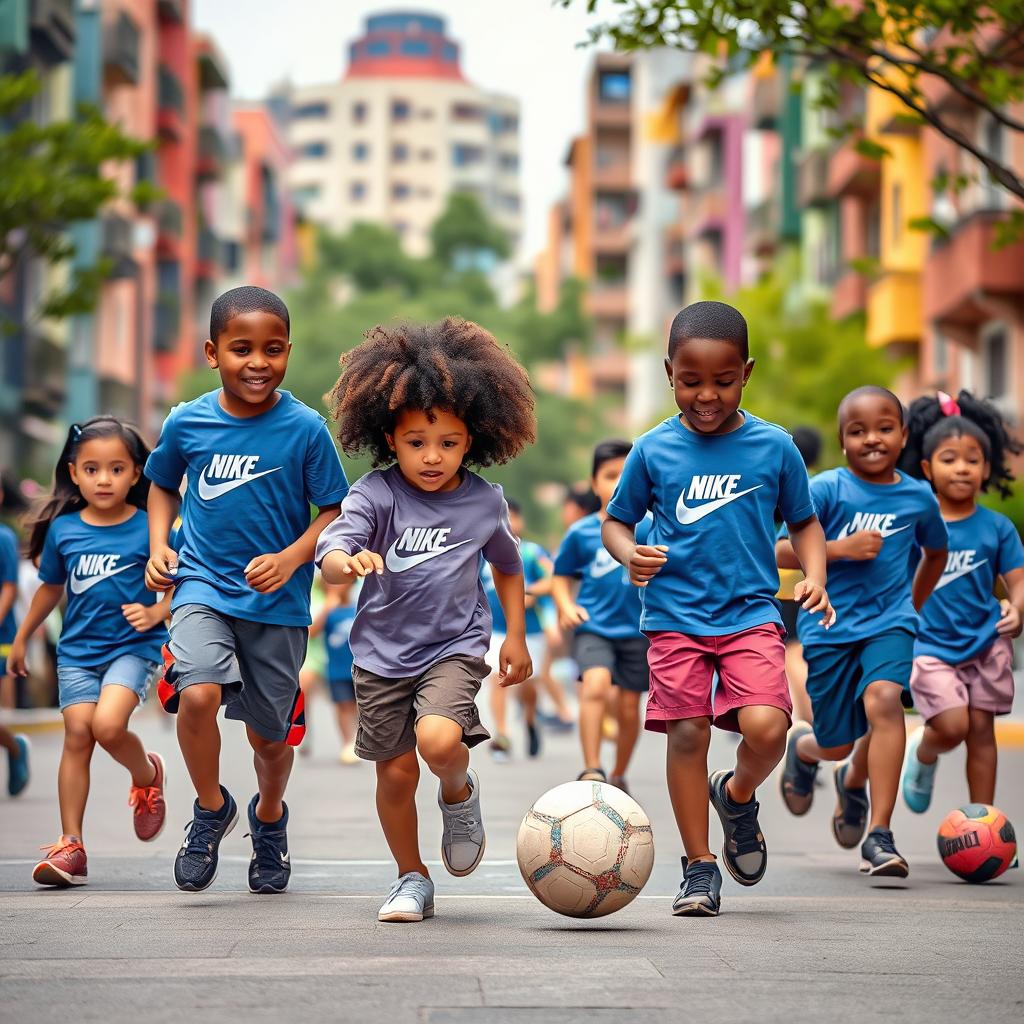 A realistic scene of children aged 6 to 7 years old playing in a vibrant city environment