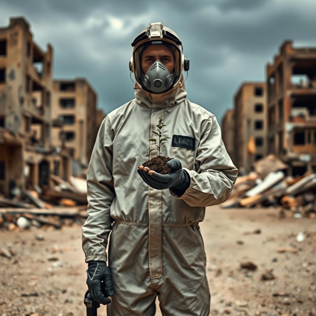 A person in a post-apocalyptic world, dressed in a full chemical and gas protection suit, surrounded by a ruined landscape featuring destroyed buildings and a desolate atmosphere