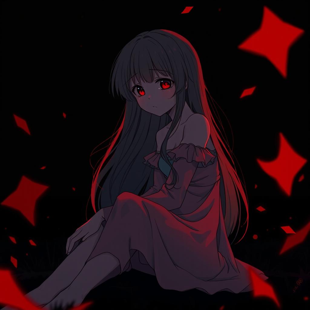 A sad anime girl sitting in the background at night
