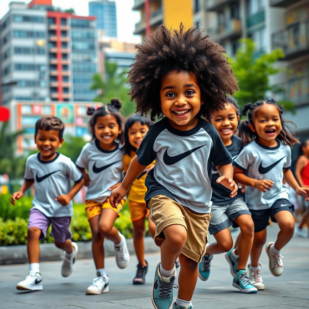 A realistic scene depicting a group of children, ages 6 to 7, playing joyfully in a lively city environment