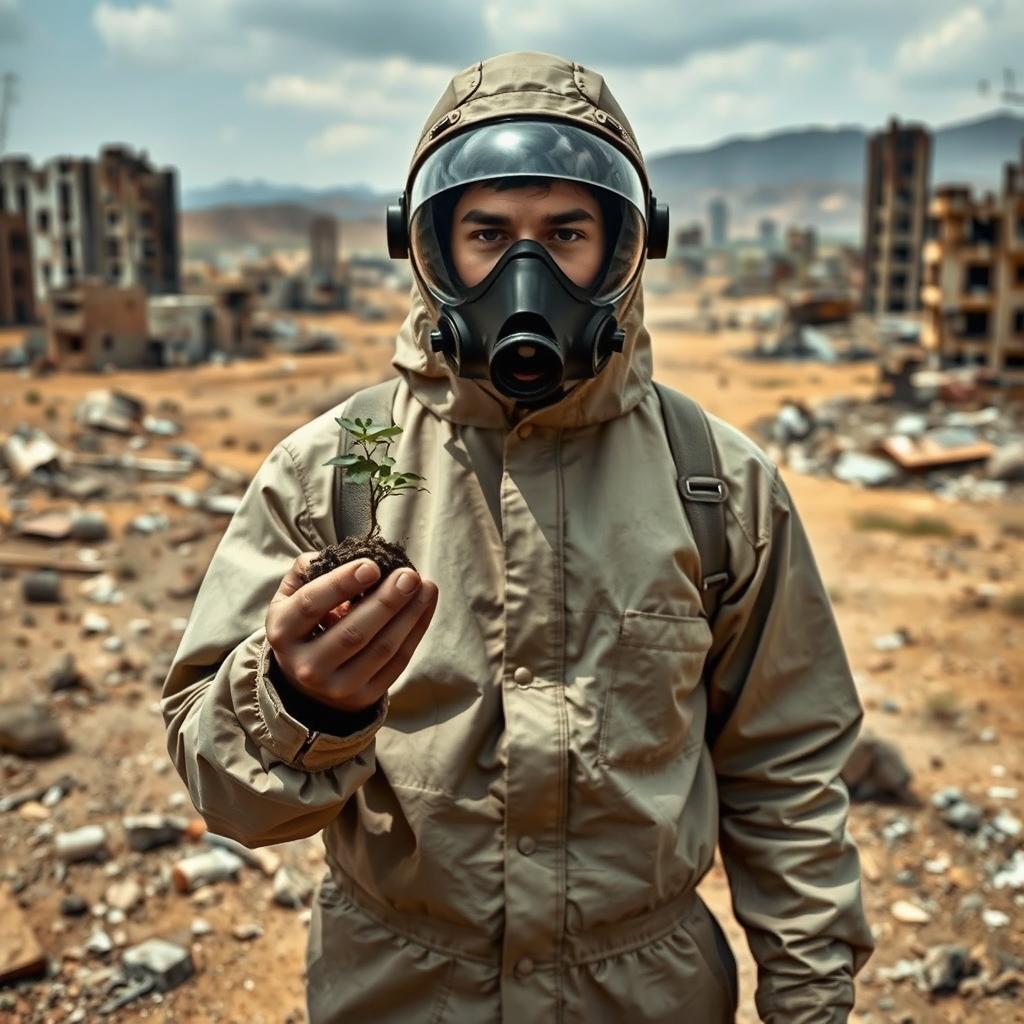 A person in a post-apocalyptic world, clad in a full chemical and gas protection suit, surrounded by a landscape of devastation with destroyed buildings and an arid, desolate terrain