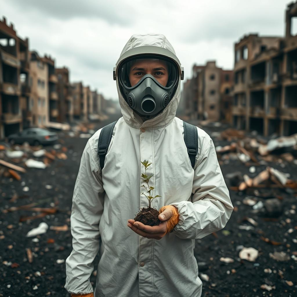 A person in a post-apocalyptic world, dressed in a full chemical and gas protection suit, standing in a devastated environment characterized by destroyed buildings and a bleak, desolate landscape