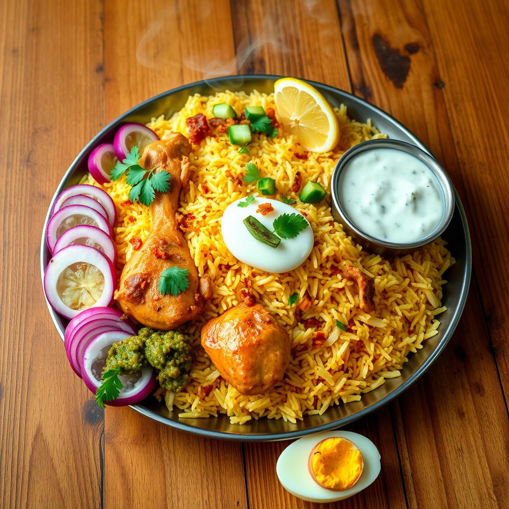 A beautifully arranged plate of biryani, featuring fragrant, long-grain basmati rice with a golden hue from saffron and spices