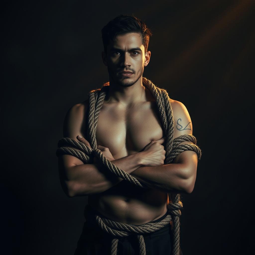 A dramatic scene featuring a confident individual standing tall with ropes artistically wrapped around their arms and chest, conveying a sense of strength and vulnerability