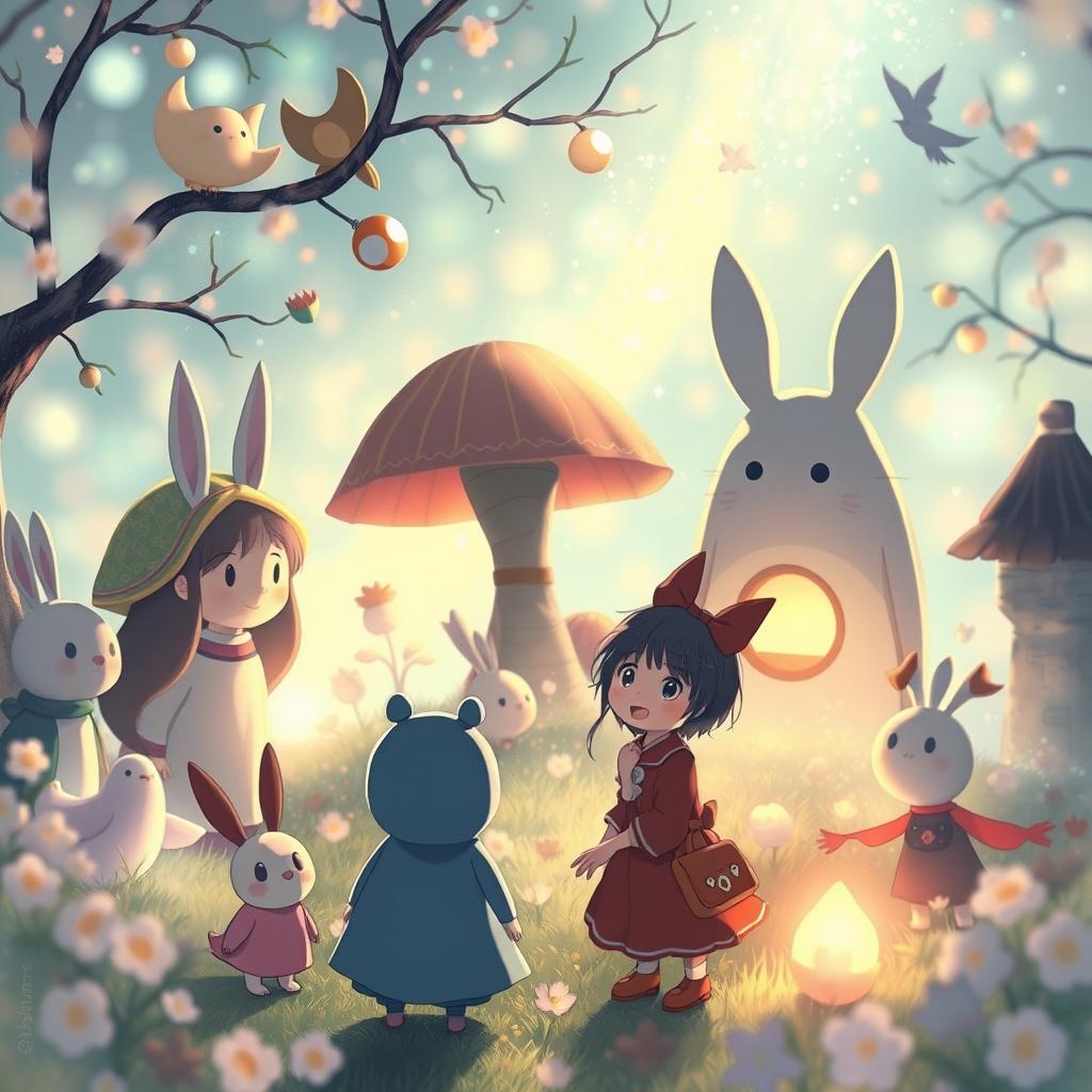 A fantastical scene inspired by Studio Ghibli, featuring whimsical characters in an anime style