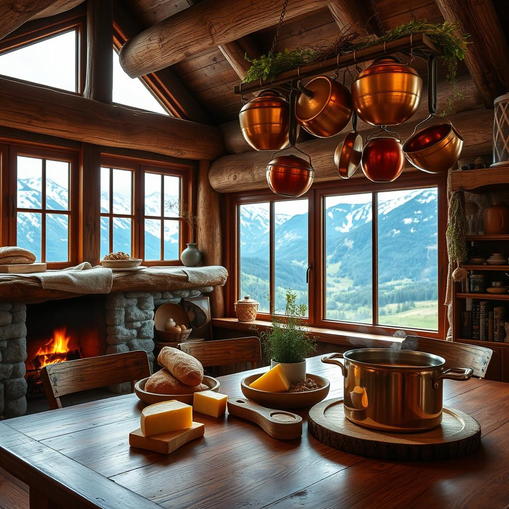 A cozy kitchen inside a rustic mountain home, featuring rugged wooden beams and stone walls