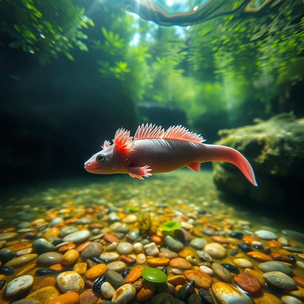 An axolotl gracefully swimming in a serene Chinese river, surrounded by lush greenery and gentle flowing water