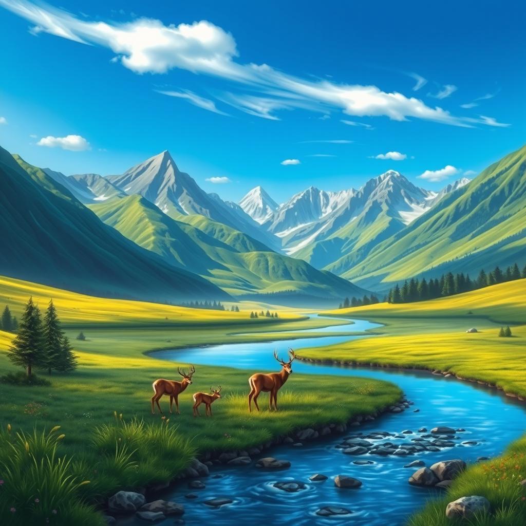 An artistic interpretation of a majestic mountain range, featuring lush green valleys and towering peaks under a vibrant blue sky
