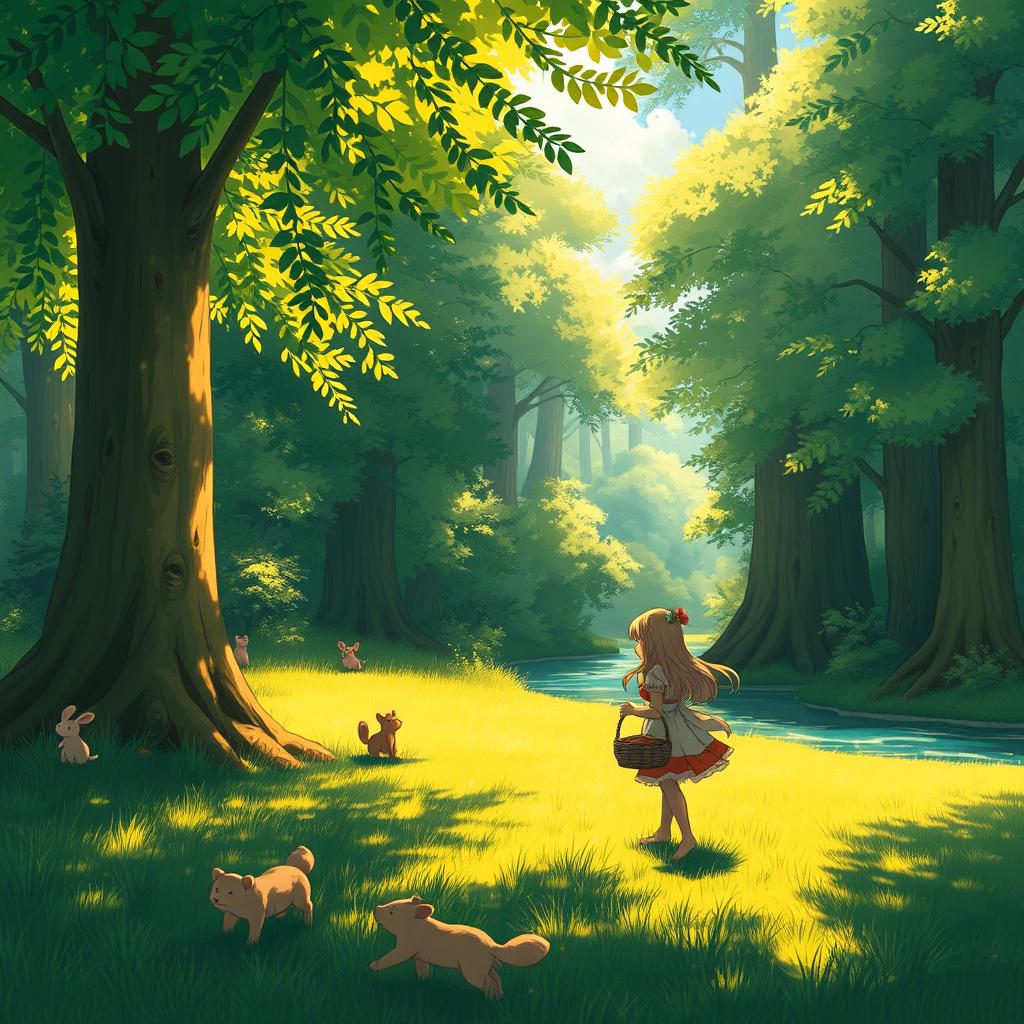 A whimsical and enchanting anime scene inspired by Studio Ghibli, featuring a lush, vibrant forest filled with magical creatures and towering trees