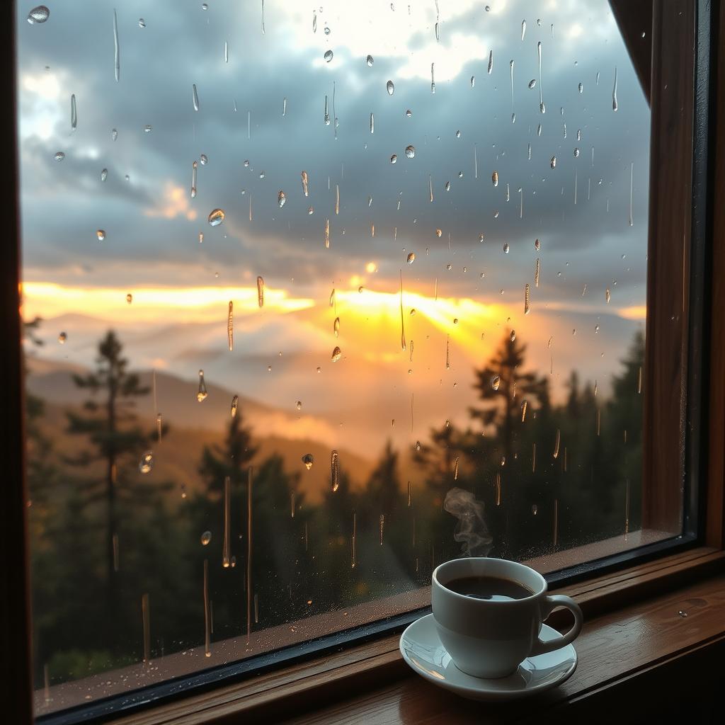 A breathtaking view of rain gently falling over a misty mountain landscape as the sun rises