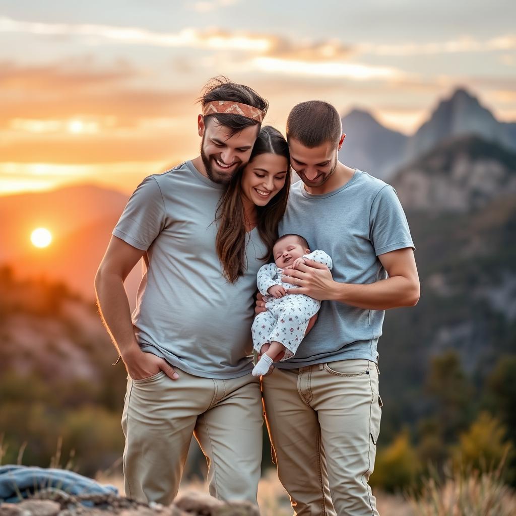 A young couple with a newborn daughter, enjoying a beautiful natural landscape featuring mountains, trees, and a warm sunset sky
