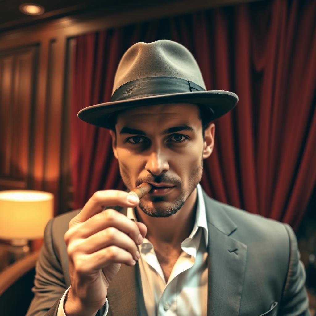 A stylish man with a confident expression, wearing a classic fedora hat and holding a cigar, set in a luxurious lounge with dark wood furniture and rich velvet curtains