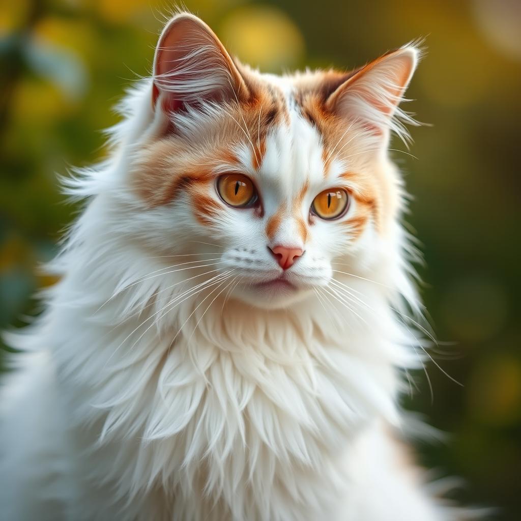 A closely detailed portrait of a long-haired white she-cat with tabby patches, showcasing her vibrant amber eyes