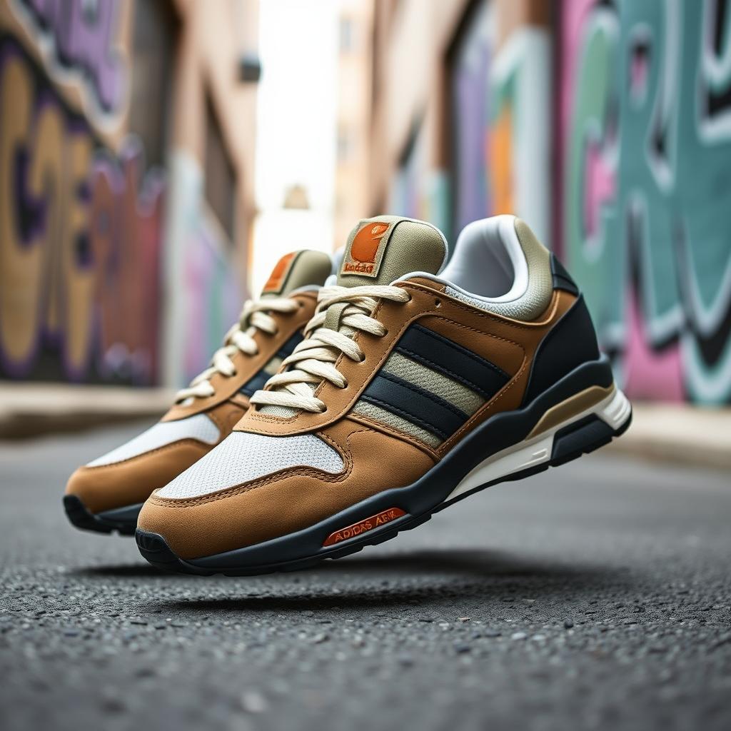 A stylish sneaker collaboration featuring Nike, Adidas, and Carhartt