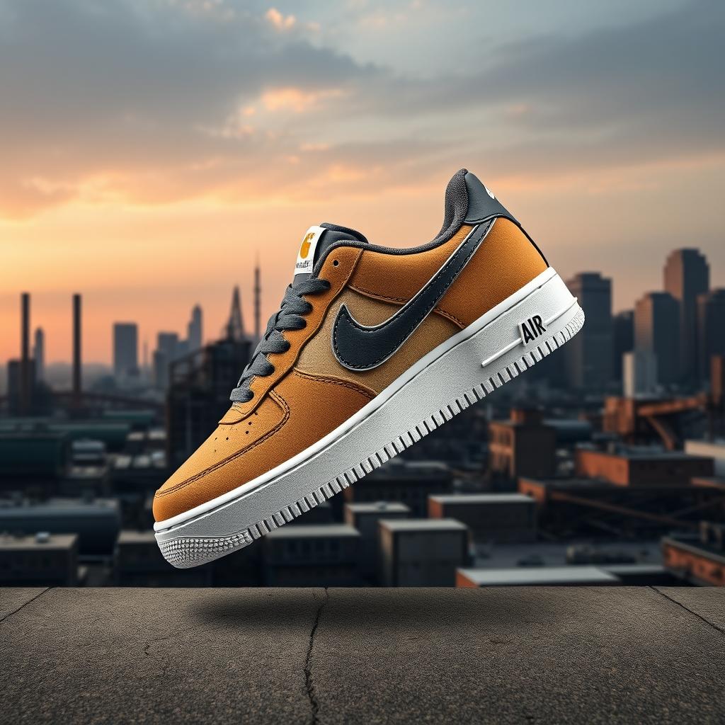 A striking sneaker design featuring the Nike Air Force 1 in collaboration with Carhartt, inspired by the industrial vibe of Detroit