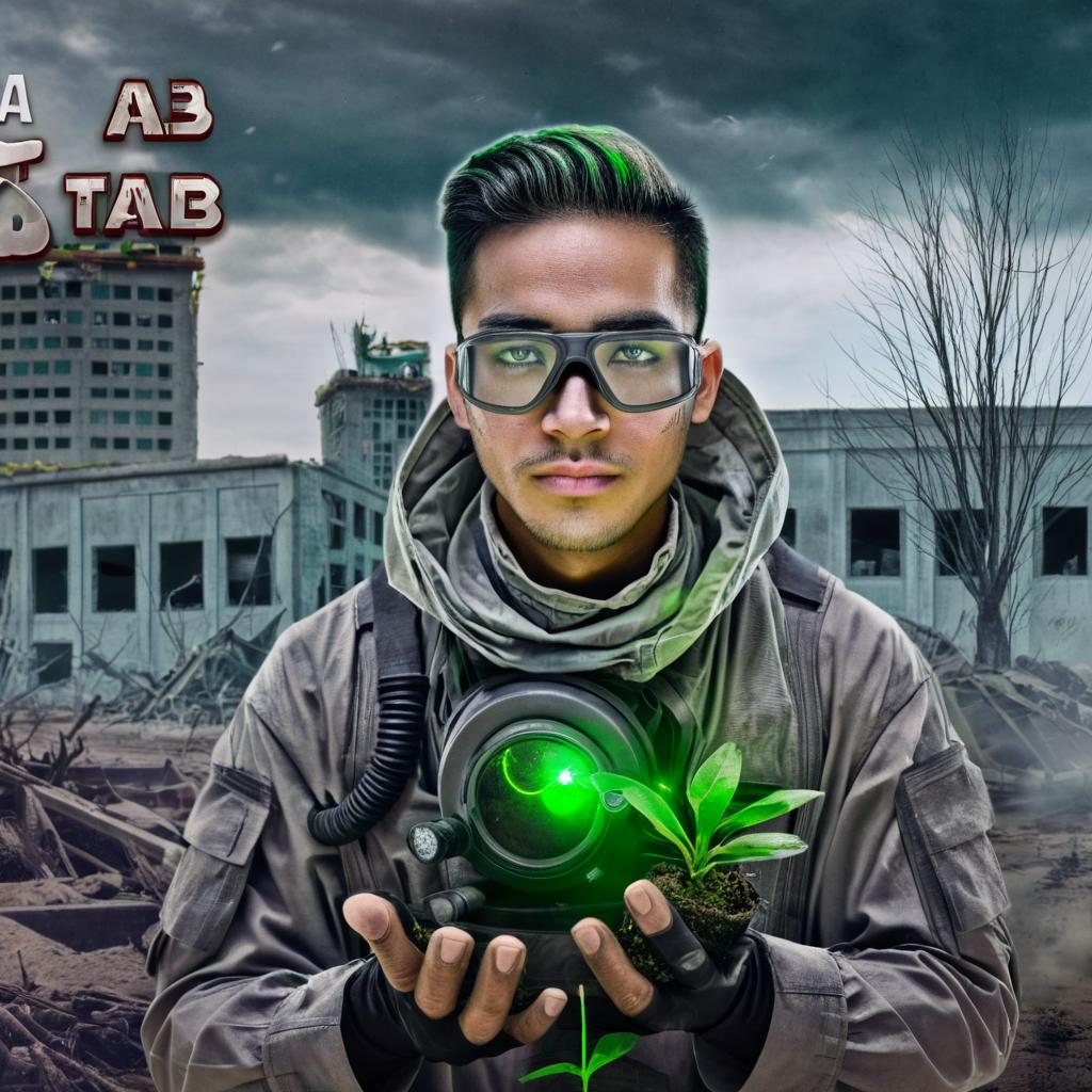 "A person in a post-apocalyptic world, wearing a full chemical and gas protection suit. The environment is ruined, with destroyed buildings and a desolate landscape. The person is holding a small plant with soil in one hand, symbolizing hope amidst the chaos. The photo is taken from a front-facing angle, capturing the individual in a moment of resilience."