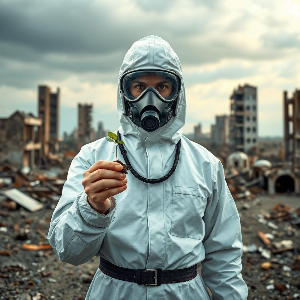 A person in a post-apocalyptic world, wearing a full chemical and gas protection suit