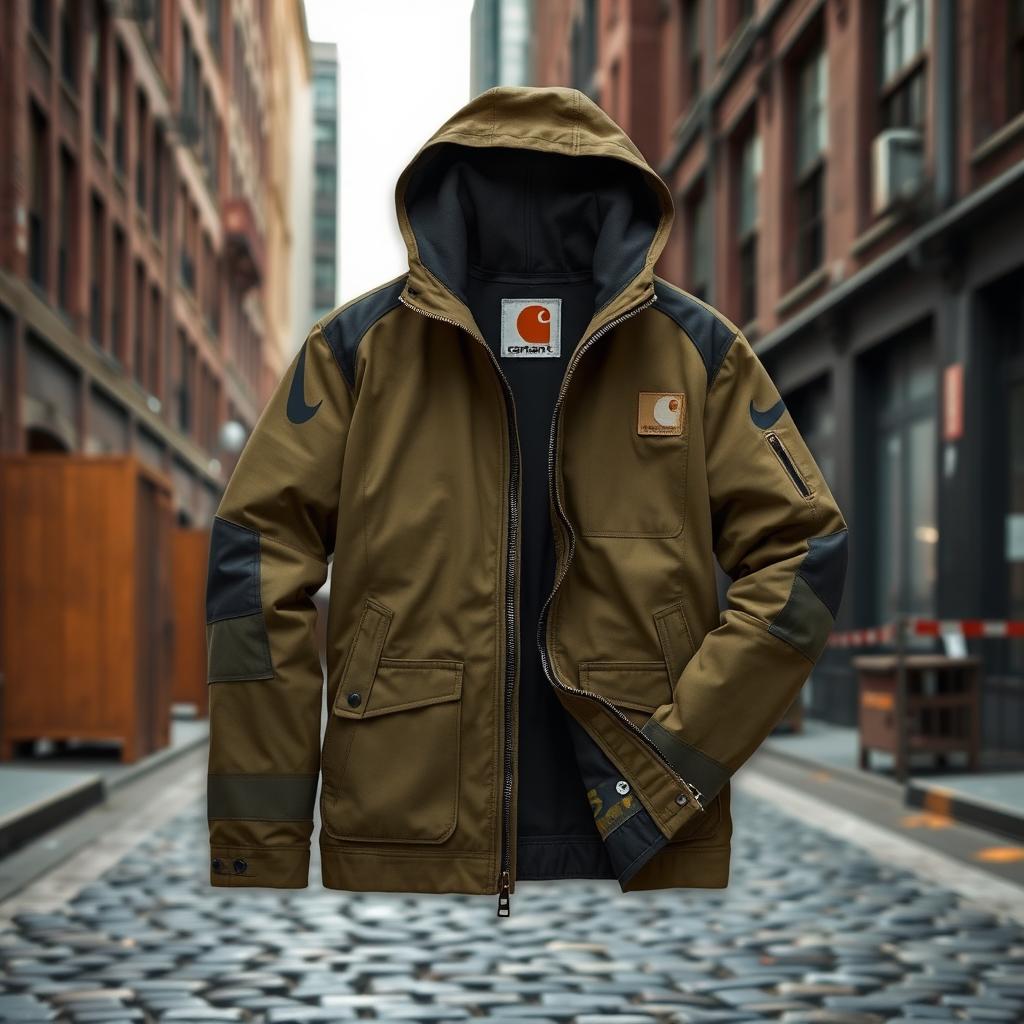 A stylish jacket designed as a collaboration between Nike and Carhartt, inspired by the industrial heritage of Detroit