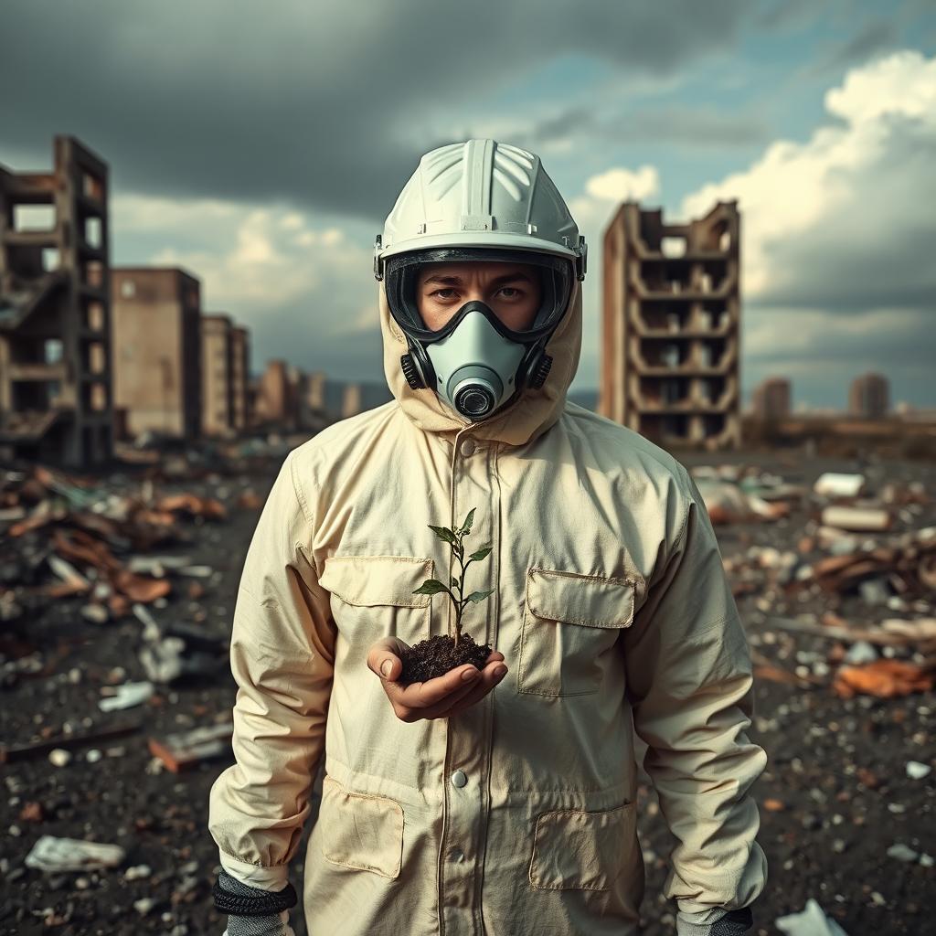A person in a post-apocalyptic world, wearing a full chemical and gas protection suit