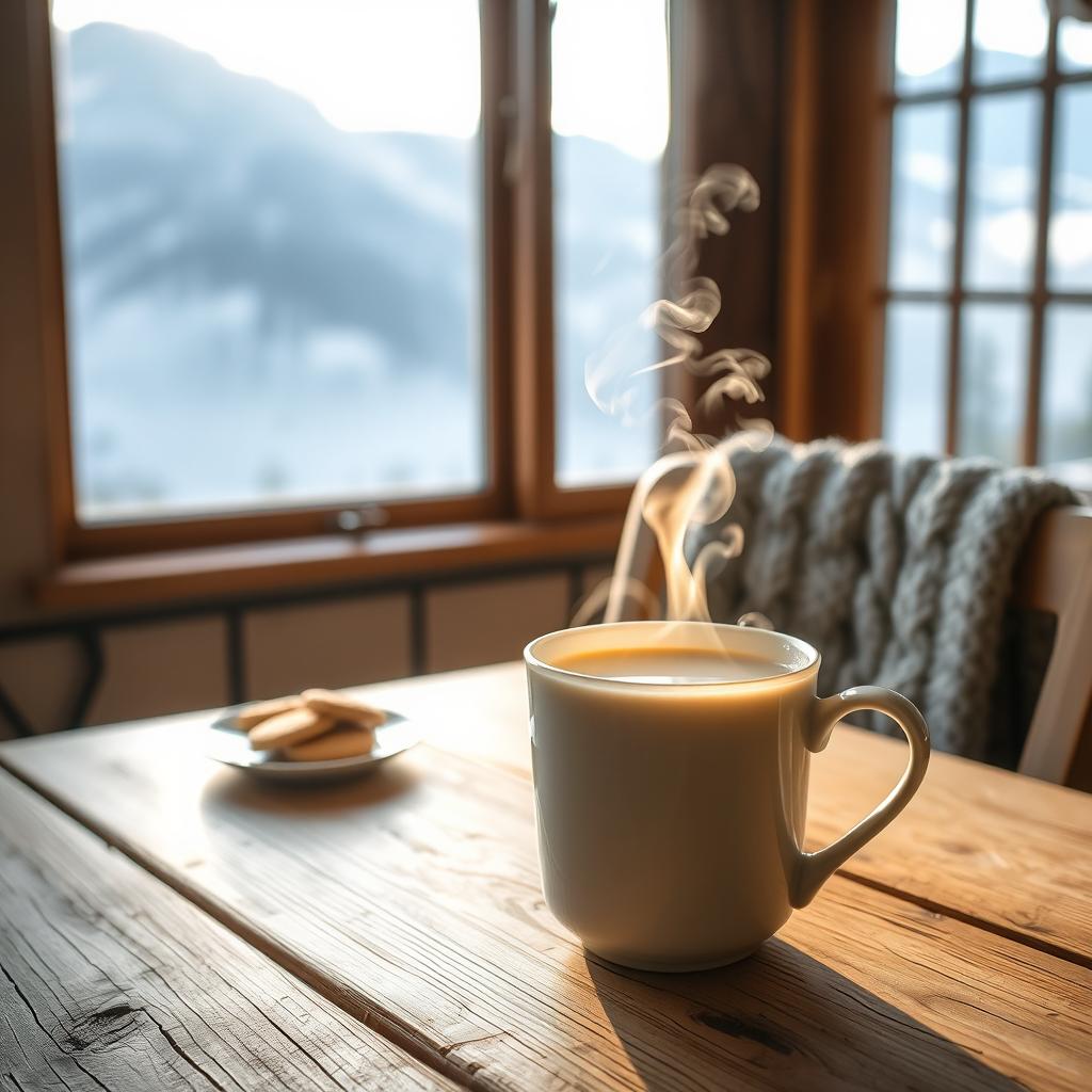 A steaming cup of milk tea sits on a rustic wooden kitchen table inside a cozy mountain house