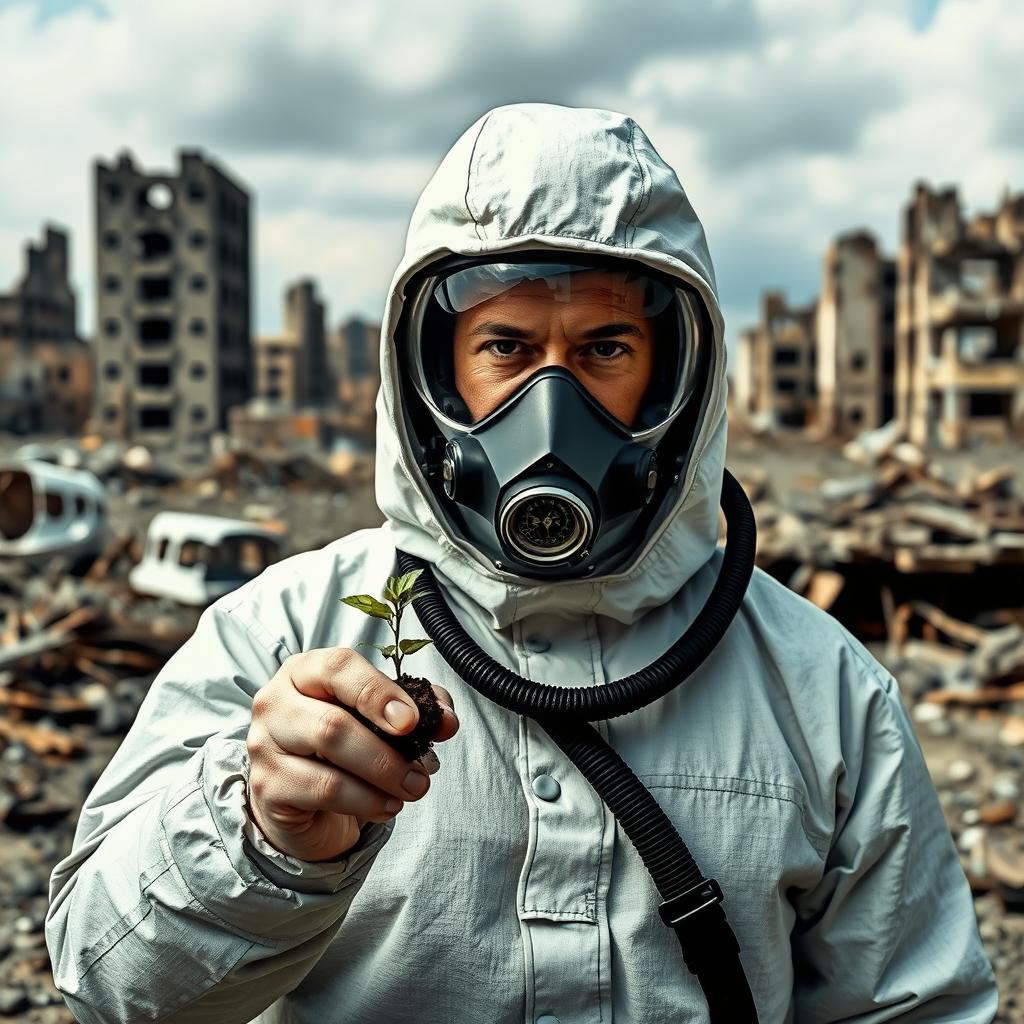A person in a post-apocalyptic world, wearing a full chemical and gas protection suit