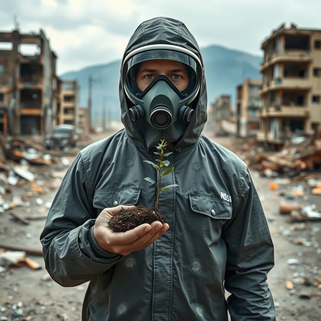A person in a post-apocalyptic world, clad in a full chemical and gas protection suit